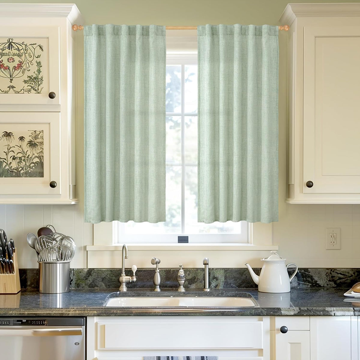 YoungsTex Sage Green Curtains 54 Inch Length for Kitchen, Light Filtering Semi Sheer Linen Window Drapes Rod Pocket Back Tab for Short Living Room Cafe, 2 Panels, 42 X 54 Inch