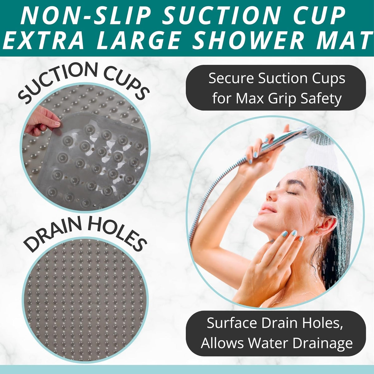 ENKOSI Extra Large Square Non Slip Shower Mat - 31 x 31-inch XL Bathroom Shower Mat - Square Shower Matts for Shower Stall Floors | Secure Suction Cups and Drain Holes (31x31 Clear Gray)