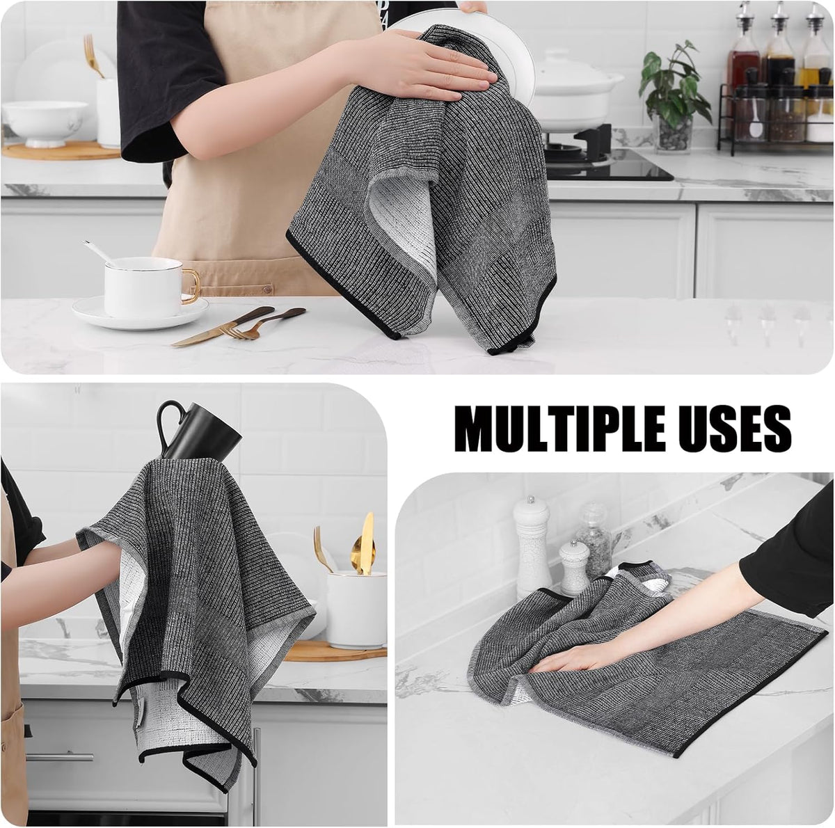 Homaxy Premium Kitchen Towels(18”x 28”, 12 Pack), Large Cotton Kitchen Hand Towels, Flat and Terry Dish Towels, 380 GSM Highly Absorbent Tea Towel Set with Hanging Loop, Black