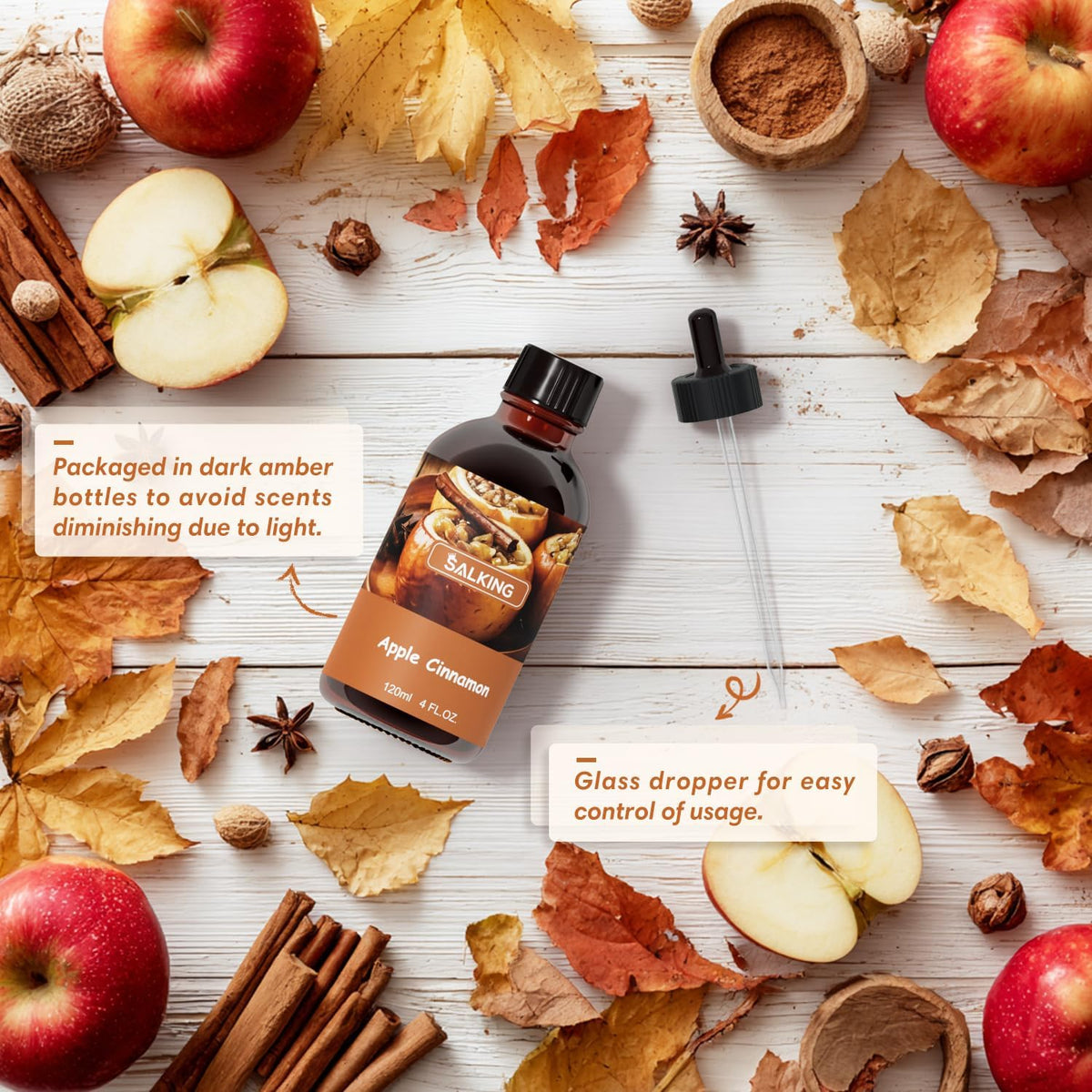 SALKING Apple Cinnamon Fragrance Oil, 120ml (4 Fl Oz) Premium Essential Oils for Diffuser, Candle Scents for Candle Making, Soap Making Supplies, Autumn Diffuser Oil, Halloween Thanksgiving Gift