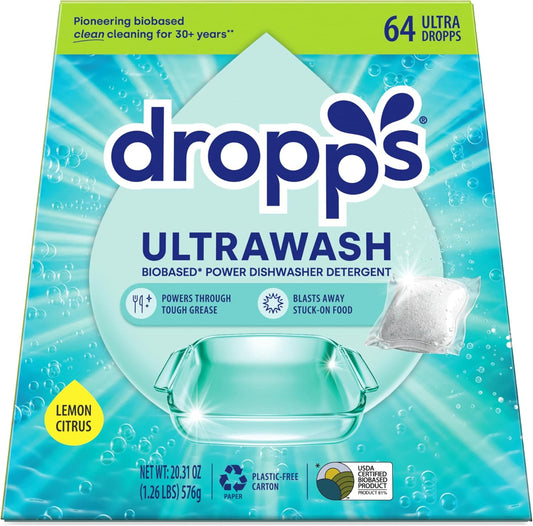 Dropps UltraWash Dishwasher Pods, Lemon Citrus (64 Count) - Biobased Power Deep Clean Dishwasher Detergent Tablets for Sparkling Shiny Dishes - No Rinse Aid or Pre-Wash Needed -Dishwashing Pods