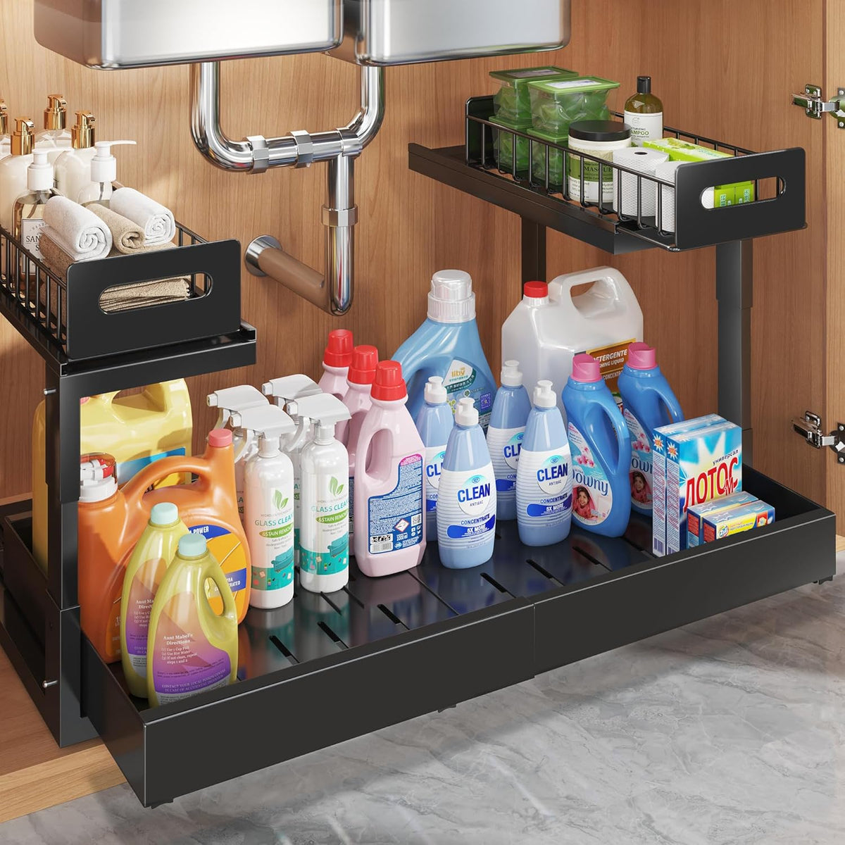1 Pack-15.7"-25.7"W Expandable Under Sink Organizer With Upgrade Ball-Bearing Slide,2-Tier Pull Out Under Cabinet Organizer Height Adjustable,Not Suitable For Cabinets With Partitions In The Middle