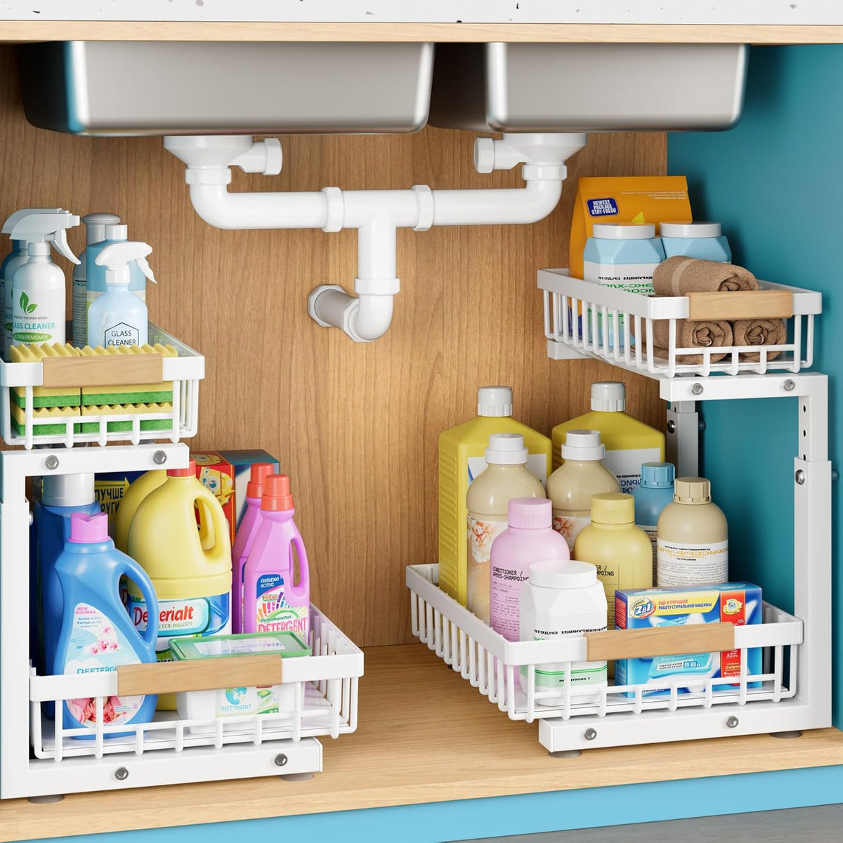 1 Packs Under Sink Organizer,Small Shelf for narrow spaces,2 Tiers Pull Out Under Cabinet Organizer,Adjustable Height,Slide Out Thickened Metal Under White