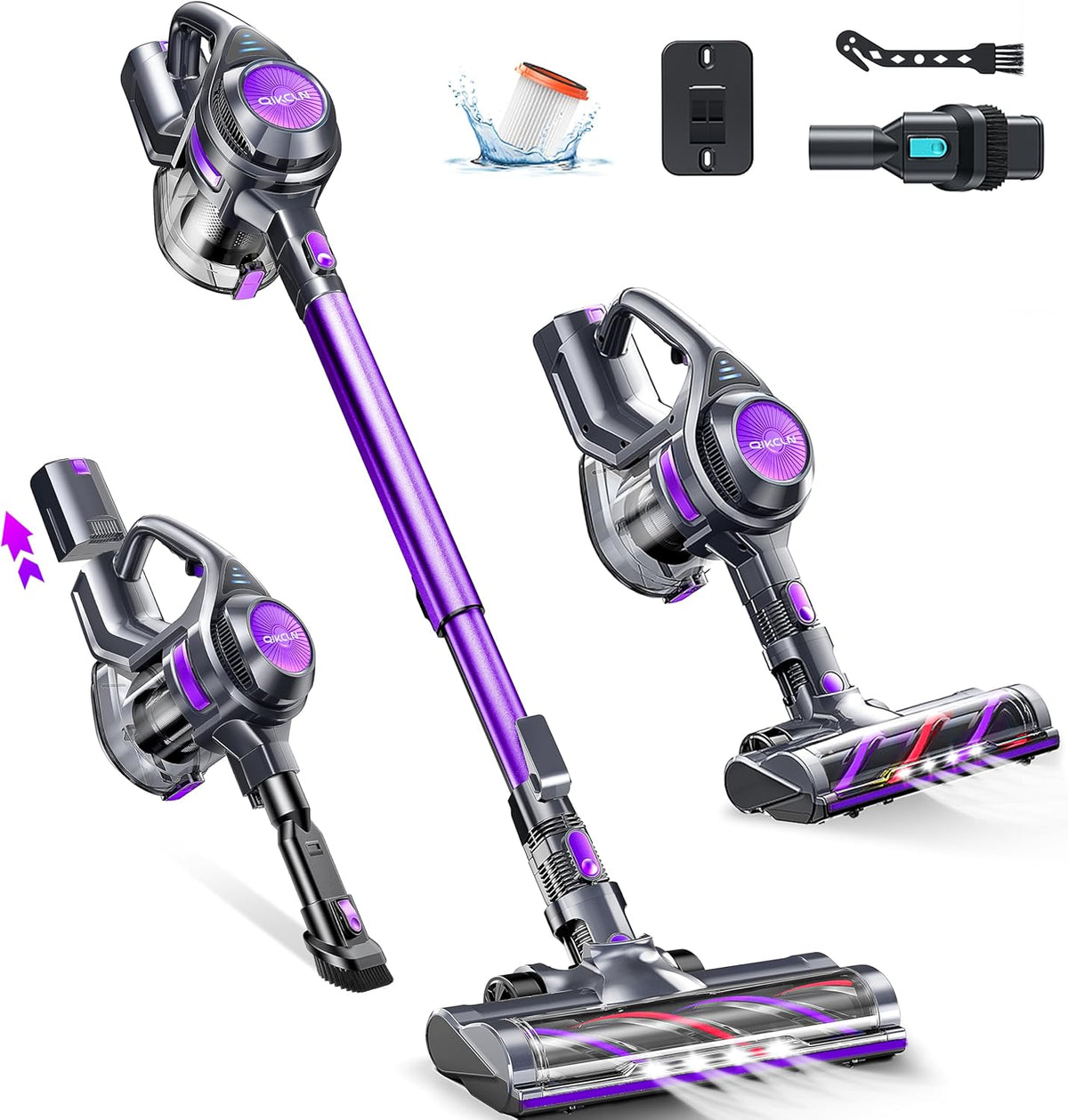 Cordless Vacuum Cleaner, Rapid Clean 23 Kpa Powerful Suction, 1.3 L Large Capacity, 2 Modes & 30Mins Runtime, Rechargeable Stick Vacuum for Pet Hair Hardwood Carpet - Purple