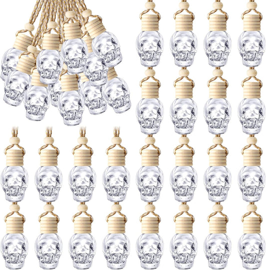 BBTO 50 Pcs Hanging Car Air Freshener Car Diffuser Bottles Empty Glass Perfume Bottle Freshener Diffuser Bottle Pendant for Essential Oil Fragrance Aromatherapy Bottle Ornament(Skull)