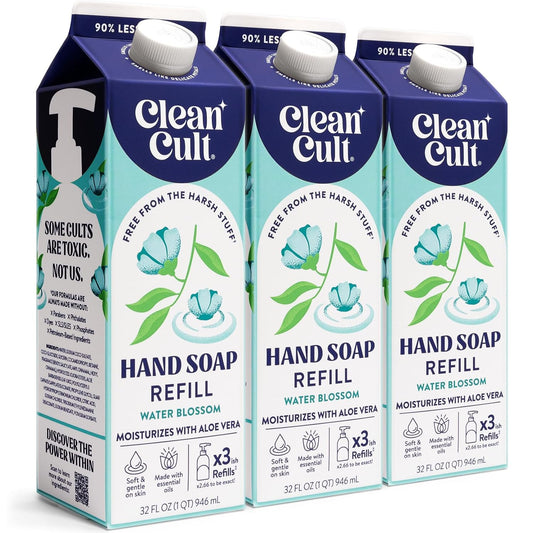 Cleancult Liquid Hand Soap Refill - Water Blossom - Moisturizes Dry & Sensitive Skin - Made with Aloe Vera & Essential Oils - Eco Friendly - Paper-Based Packaging - 32 oz/3 Pack