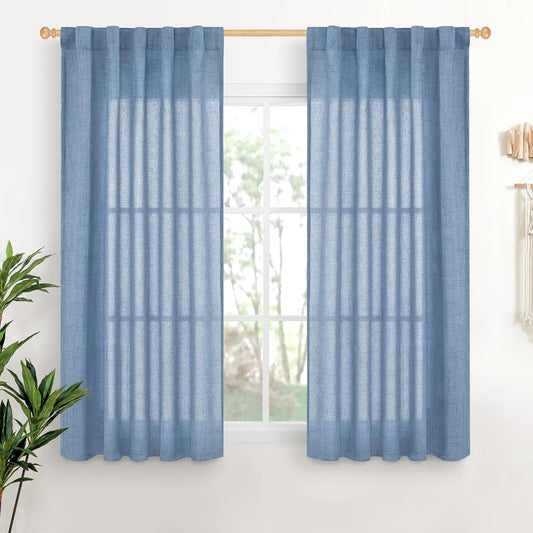 YoungsTex Denim Blue Linen Curtains 48 Inch Length for Short Kitchen Window, Semi Sheer Drapes Light Filtering with Rod Pocket Back Tab for Bathroom Living Room, 2 Panels, 42 X 48 Inch
