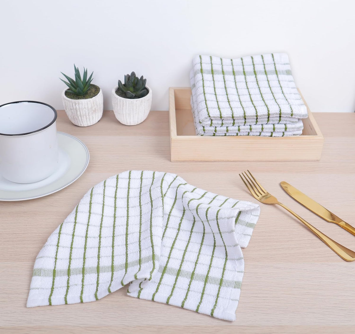 AMOUR INFINI Kitchen Dish Cloths Set of 8 - Ultra Soft, Highly Absorbent, Quick-Drying Terry Cotton Dishcloths 12"x12" Inch Wash & Cleaning Cloths for Kitchen & Dishwashing (Green)