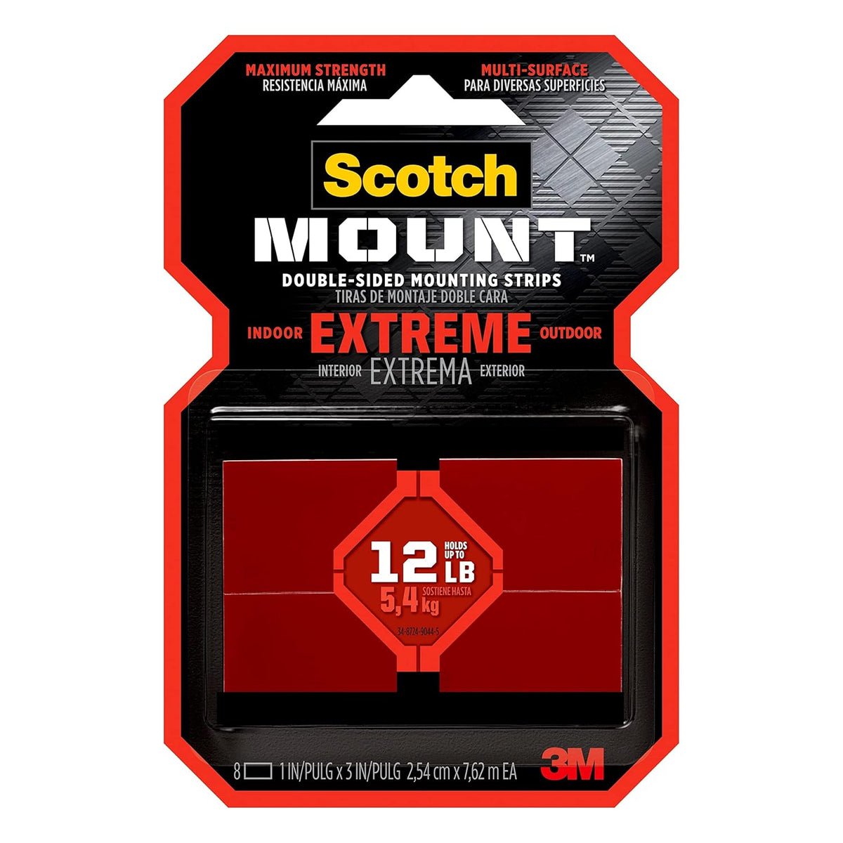 Scotch Extreme Mounting Strips, Double-Sided Heavy Duty Tape, 8 Strips, 1 in x 3 in, Use Instead of Nails or Screws, Works on Painted surfaces, Metals, Acrylic, Hard Plastics and More (414H-ST)