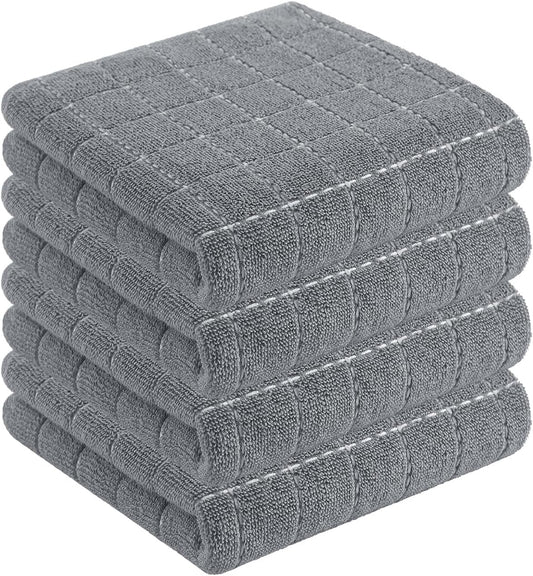 Homaxy 100% Cotton Terry Kitchen Towels(Grey, 13 x 28 inches), Checkered Designed, Soft and Super Absorbent Dish Towels, 4 Pack