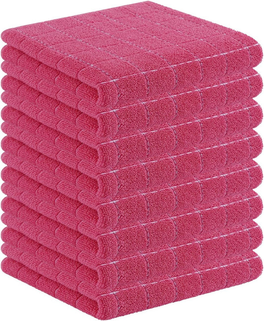 Homaxy 100% Cotton Terry Kitchen Towels(Rose Red, 13 x 28 inches), Checkered Designed, Soft and Super Absorbent Dish Towels, 8 Pack