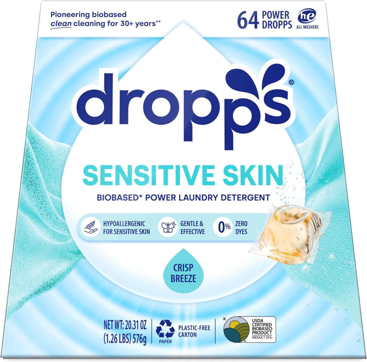 Dropps Sensitive Skin Laundry Detergent Pods, Crisp Breeze (64 Count) - Dermatologist Tested Laundry Pods - HE Compatible Laundry Supplies for Clean Clothes, Vegan & Dye-Free