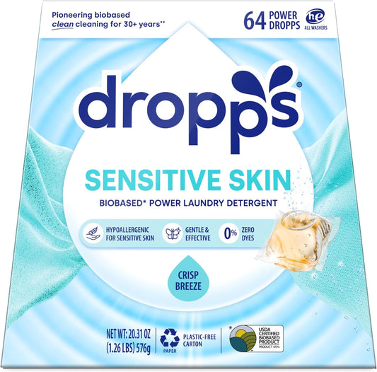 Dropps Sensitive Skin Laundry Detergent Pods, Crisp Breeze (64 Count) - Dermatologist Tested Laundry Pods - HE Compatible Laundry Supplies for Clean Clothes, Vegan & Dye-Free