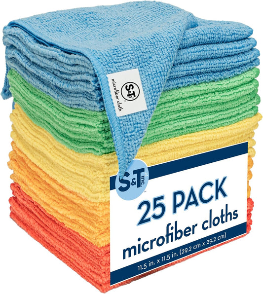 S&T INC. 25 Pack Microfiber Cleaning Cloth, Bulk Towels for Home, Reusable Microfiber Towels for Cars, Cleaning Rags, Assorted, 11.5 Inches x 11.5 Inches, 25 Count