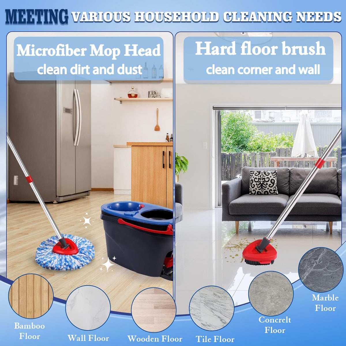4 Pack Spin Mop Replacements Head Compatible for Oceda RinseClean 2-Tank System,Microfiber Spin Mop Refills Head,1 Mop Scrub Brush + 1 Mop Base + 4 Pack Cleaning Floor Mop Head