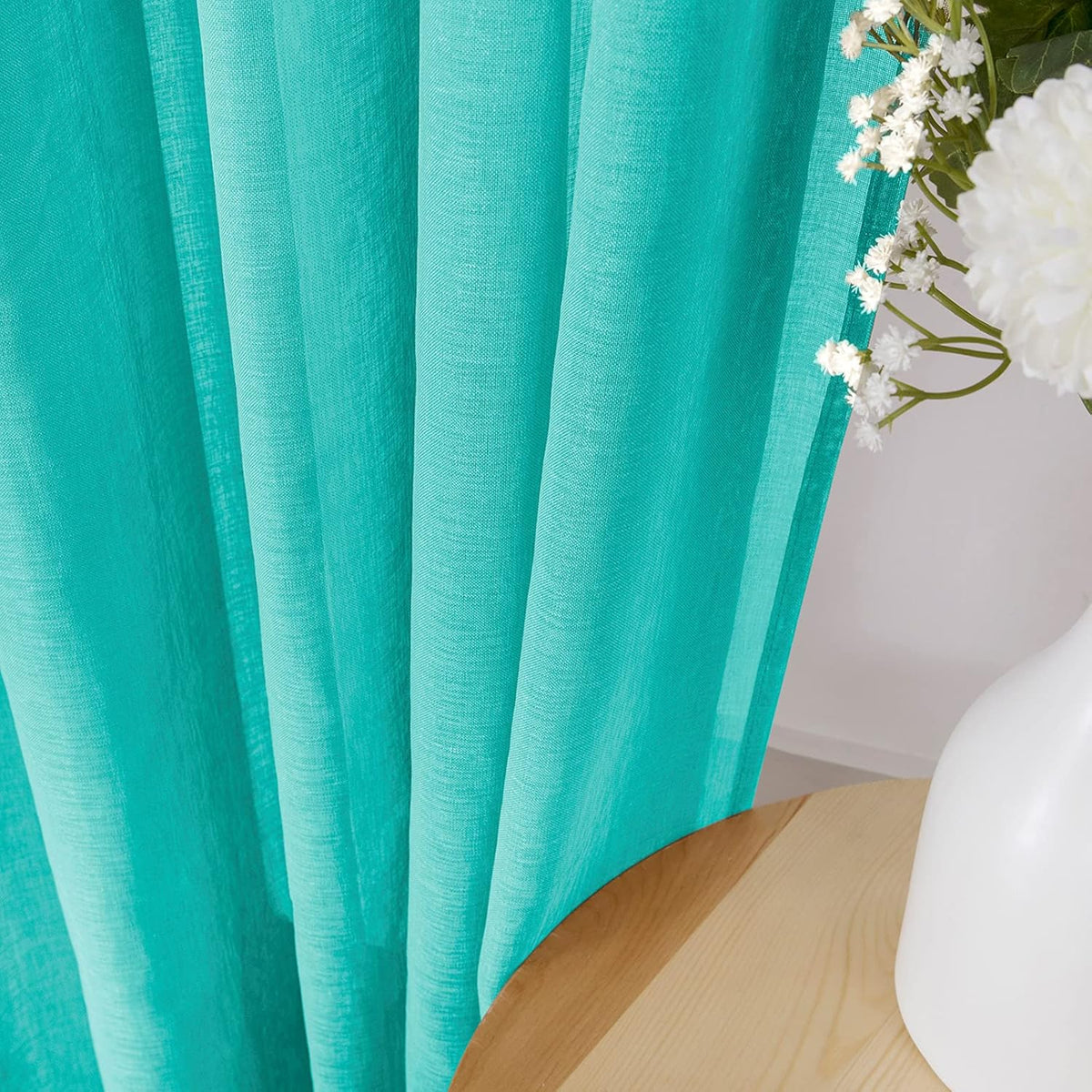 Tollpiz Sheer Tier Curtain Linen Textured Half Kitchen Curtains Sheer Light Filtering Rod Pocket Voile Small Curtains for Bathroom, 25 x 36 inches Long, Aqua Blue, Set of 2 Panels
