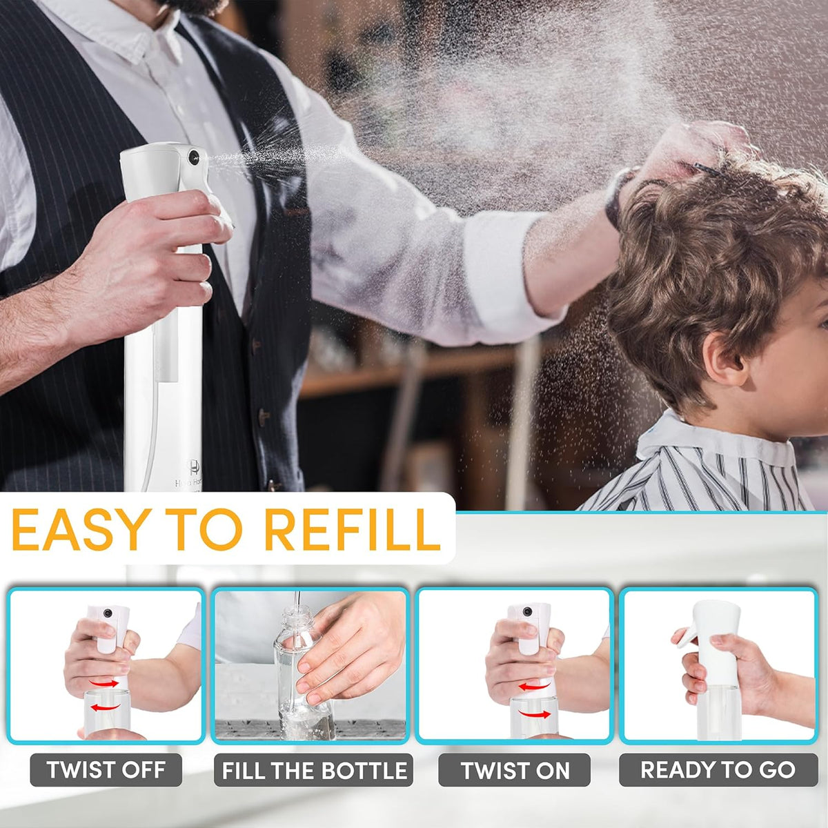 Hula Home Spray Bottle for Hair (10.1oz/300ml) - Powered by Flairosol® Spray Technology - Continuous Ultra Fine Mist Sprayer – For Hairstyling, Cleaning, Salons, Plants, Essential Oil & More - White