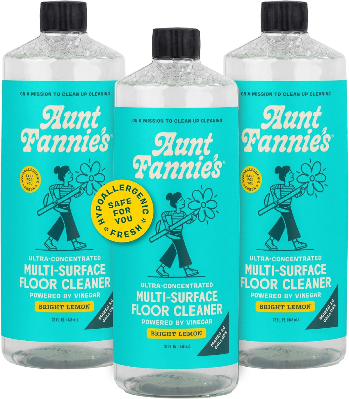 Aunt Fannie's Ultra Concentrated Floor Cleaner Vinegar Wash, Multi-Surface Solution For Mopping, Makes 16 Gallons, Bright Lemon Scent, 32 oz. (Pack of 3)