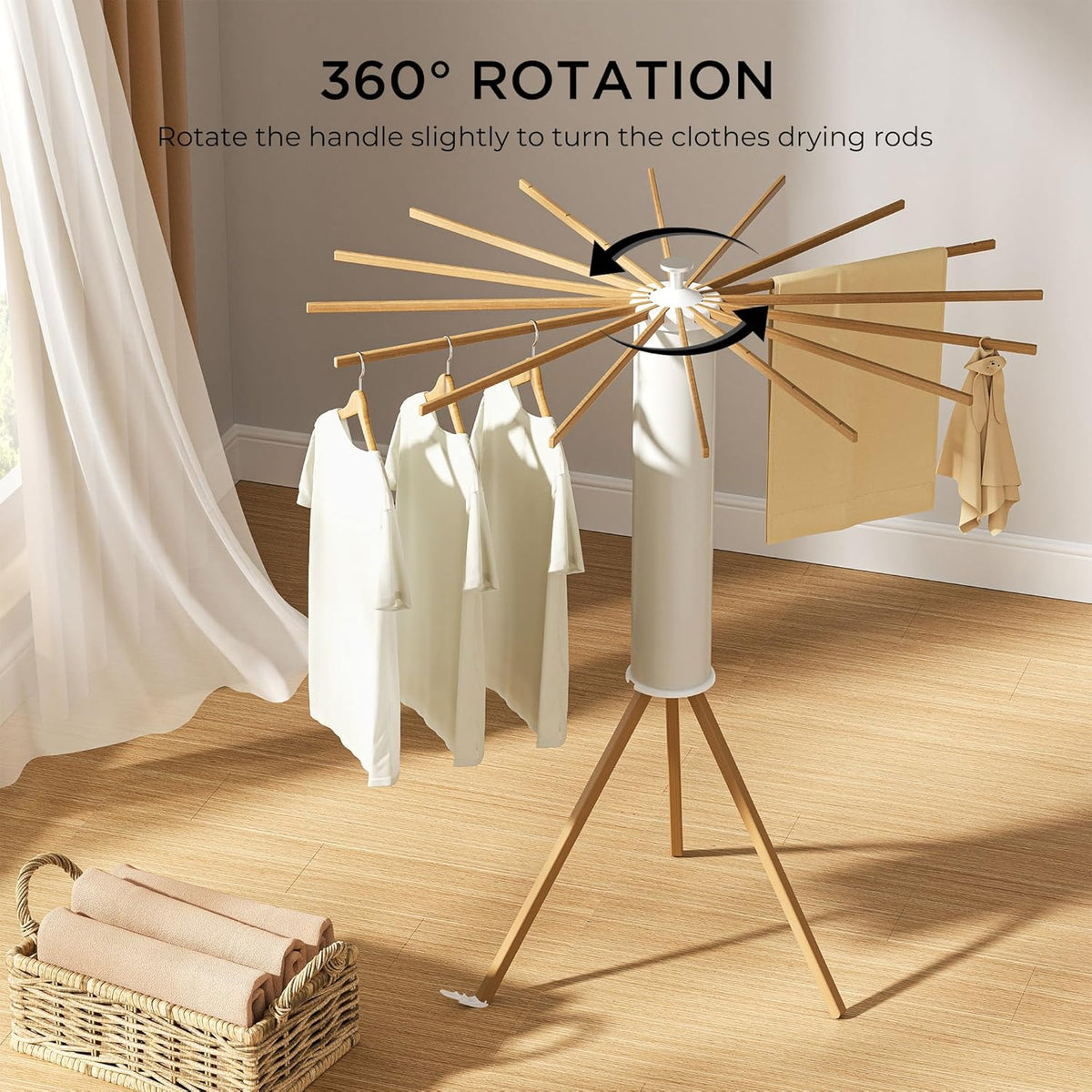 Tripod Clothes Drying Rack, Garment Rack Portable and Foldable Space Saving Laundry Drying Rack - Dryer Rack Clothing Floor Folding Balcony Bedroom Household (Beige(Wood), 16 rods)