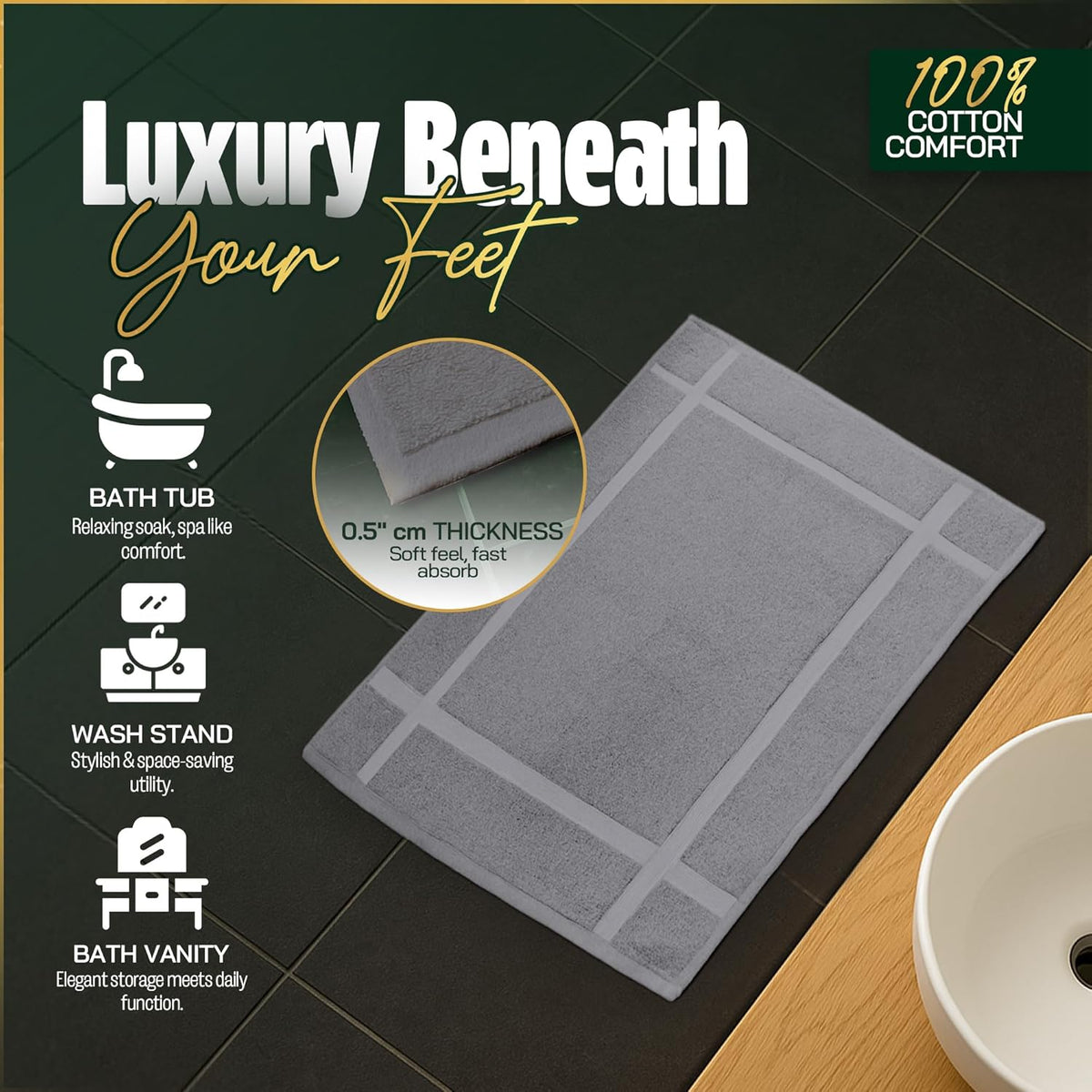 Pearl Linens Pack of 6 100% Cotton Bath Mat 20x30 inches, Soft & Absorbent Quick Dry Bathroom Mat Set, Not Bathroom Rugs, After Shower Mat, Bath Tub Mat, 687 GSM, Machine Washable, Light Gray
