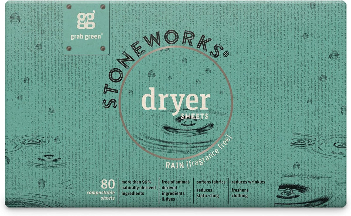Grab Green Stoneworks Laundry Detergent Pods and Dryer Sheet Bundle, 50 Count Pods and 80 Dryer Sheets, Fragrance Free Rain Scent, Plant and Mineral Based Laundry Care Set