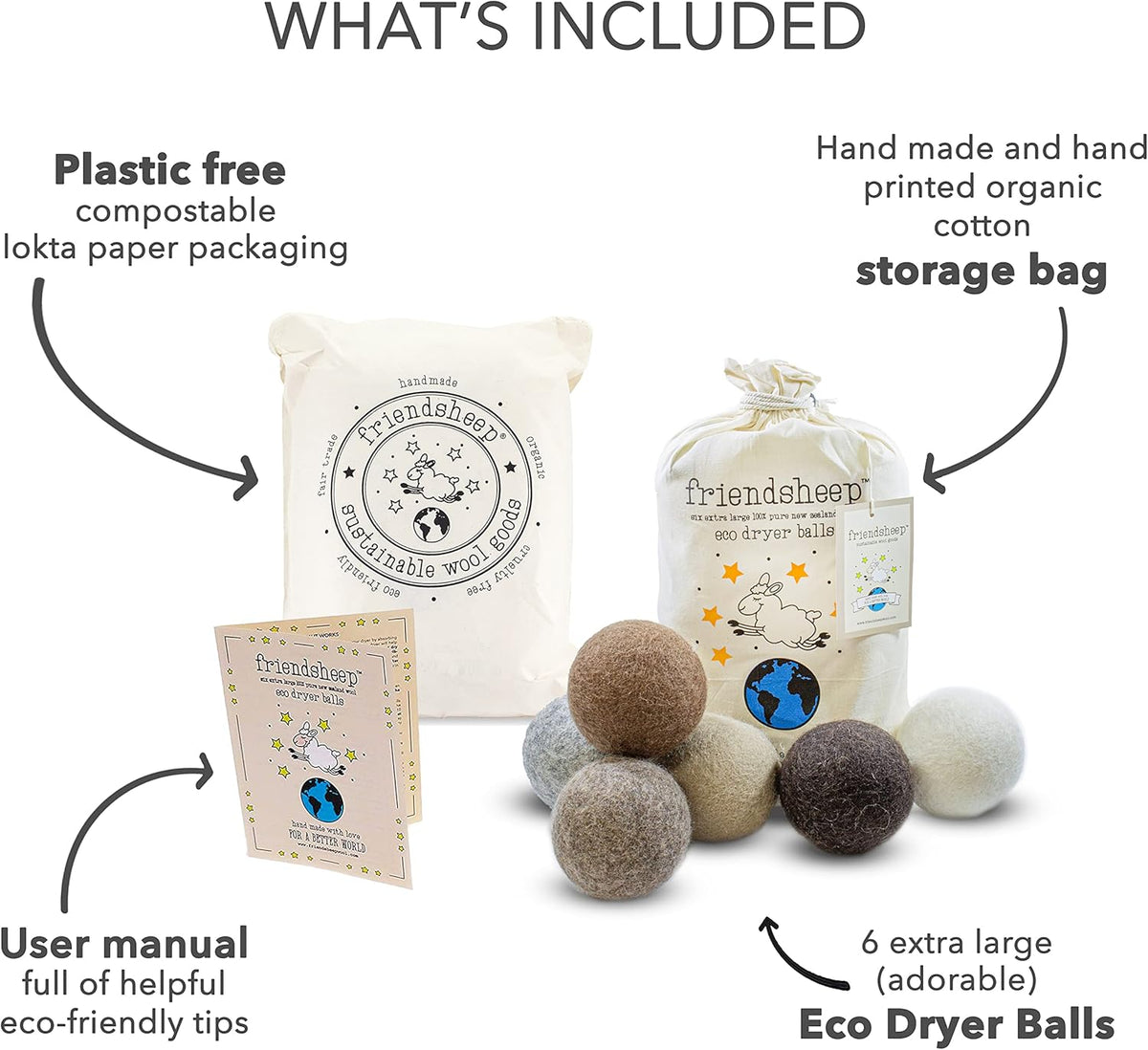 Friendsheep Wool Dryer Balls, Organic Reusable Fabric Softener Alternative for Laundry, Handmade, Fair Trade, Hypoallergenic, Eco-Friendly, Plastic-Free (6 Pack XL - Natural Mystic)