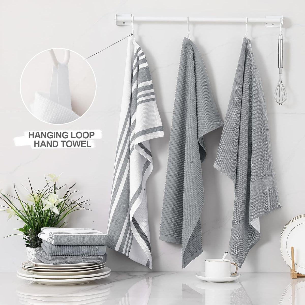 Homaxy Premium Kitchen Towels(18”x 28”, 9 Pack), Large Cotton 380 GSM Kitchen Hand Towels, Soft and Absorbent Terry Dish Towels, Multipurpose Tea Towel Set with Hanging Loop, Grey