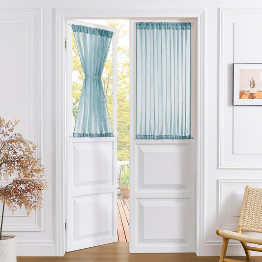 Tollpiz Short Sheer Door Curtains Closet Linen Textured Curtains Sheer Doorway Light Filtering Voile Patio Door Rod Pocket Curtain French Door, 54 x 40 inches Long, Dusty Blue, Set of 1 Panel