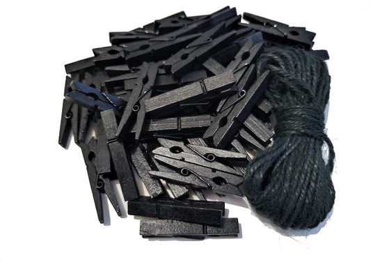 1.9 Inch Black Wooden Clothespins for Pictures Halloween DIY Art Crafts Clothesline Clips Laundry with Jute Twine Pack 50