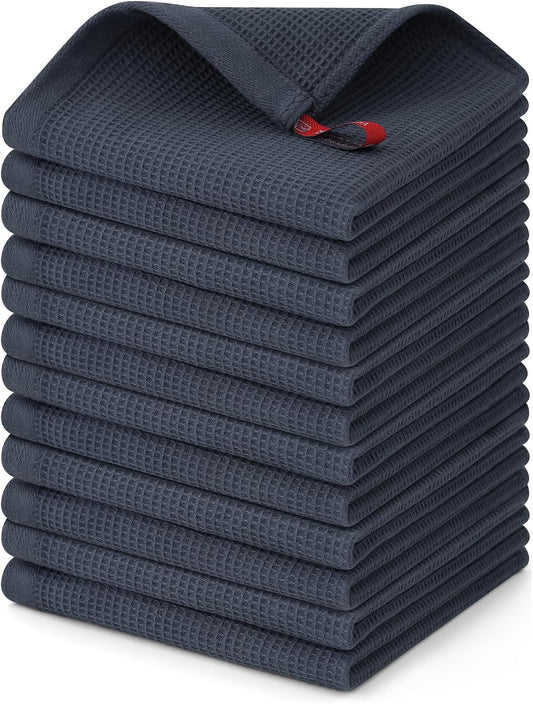 Homaxy 100% Cotton Waffle Weave Dish Cloths - 12 Pack Soft and Absorbent Dish Towels - 12 x 12 Inches Quick Dry Dish Rags - Dark Grey