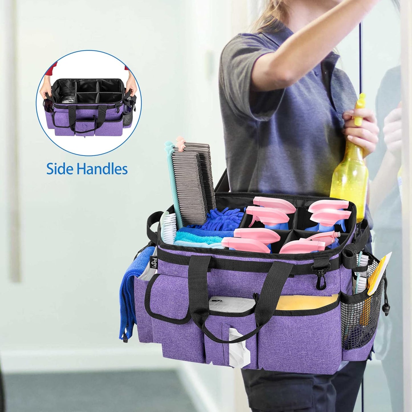 LoDrid Large Wearable Cleaning Caddy Bag with Detachable Divider, Cleaning Supply Tote Organizer with Handles and Adjustable Shoulder Strap for Cleaners & Housekeepers, Purple