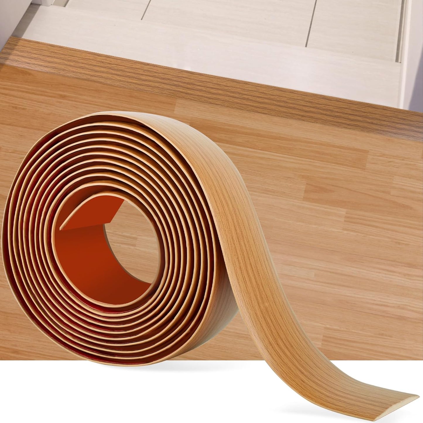 5Ft Floor Transition Strip Self Adhesive Vinyl Cover Floor Strip Flat Divider Transition Strip Wood Grain Design for Laminate Floor Gaps and Doorway Transitions (5Ft x 2 Inch, Light Brown)