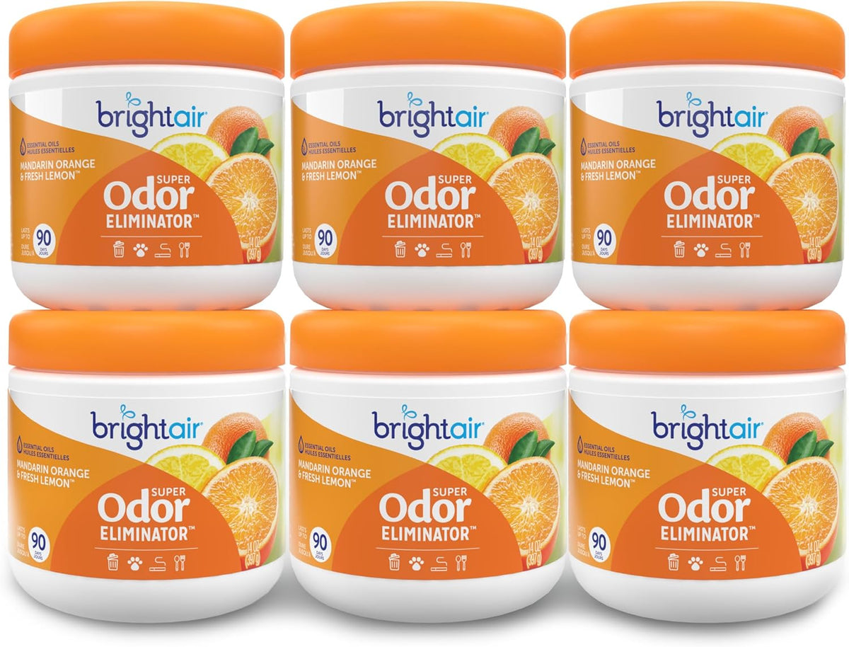 Bright Air 14 oz. Super Odor Eliminator, For Medium-Size Spaces, Mandarin Orange and Fresh Lemon Scent, Case of 6, Air Freshener, Natural Essential Oils, Lasts Up to 90 Days Each