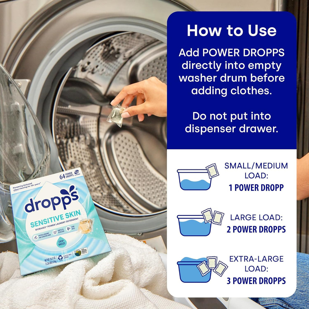 Dropps Sensitive Skin Laundry Detergent Pods, Crisp Breeze (64 Count) - Dermatologist Tested Laundry Pods - HE Compatible Laundry Supplies for Clean Clothes, Vegan & Dye-Free
