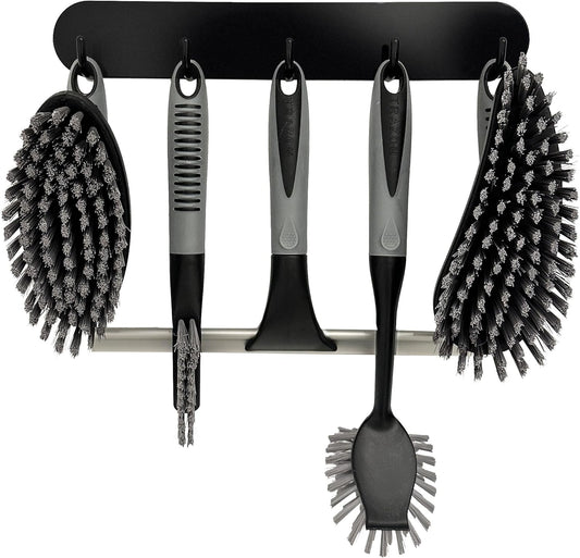 Scrub Brush Set of 6 pcs - Cleaning Shower Scrubbers with Squeegee for Shower Glass and Adhesive Wall Hooks Including Grout Cleaner Brush, Scrub Brushes for Cleaning Bathroom, Shower, Tile, Bathtub