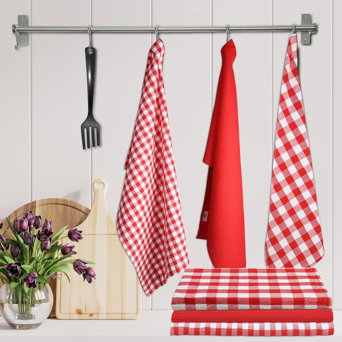 Kitchen Towels Set of 6 Soft Premium Cotton Highly Absorbent Dish Towels 18x28 Inches, Washable & Reusable Tea Towel, Quick Drying Dish Cloths with Hanging Loop - Red/White, Checks
