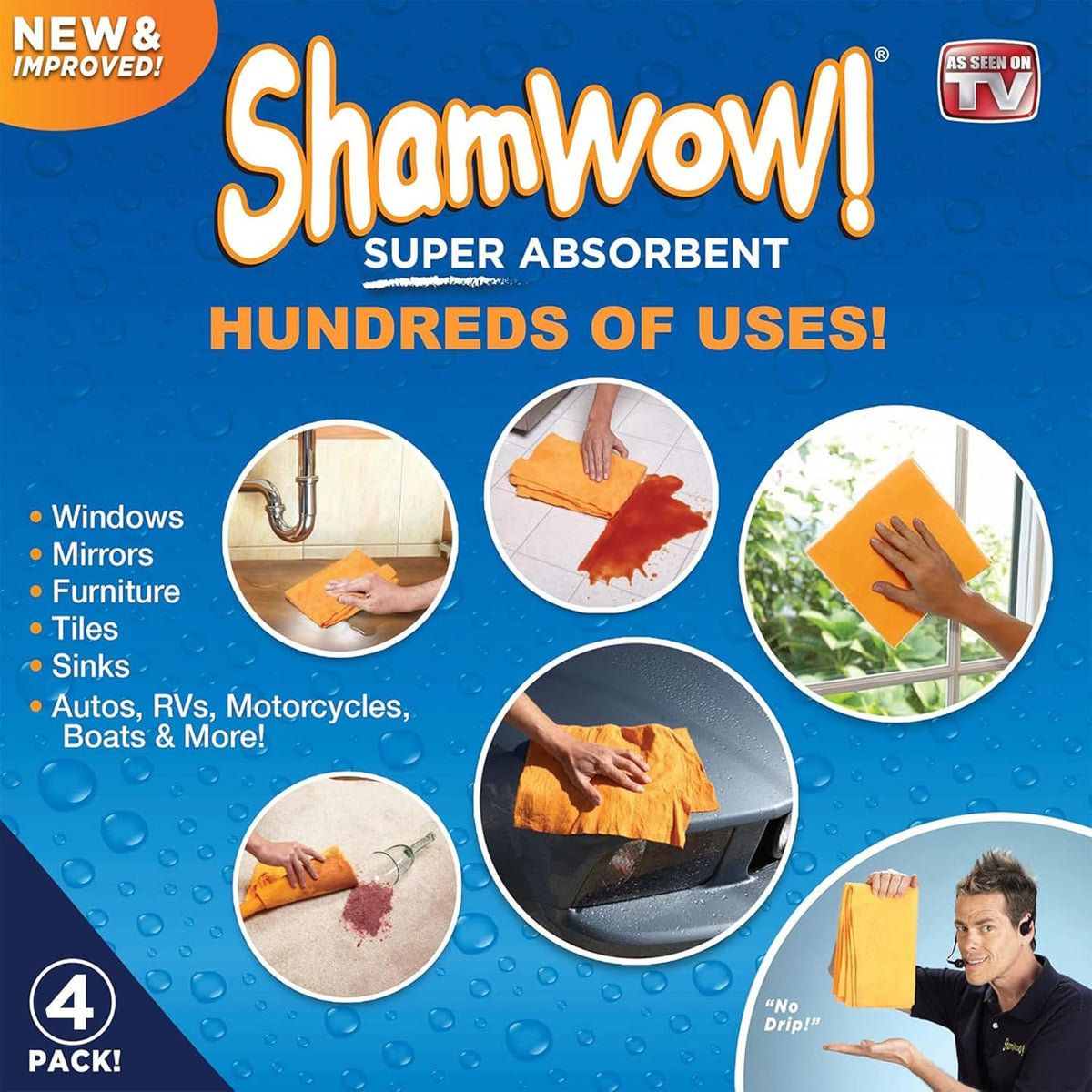 ShamWow Original Super Absorbent Multi-Purpose Cleaning Shammy Chamois Towel Cloth - Holds 10X its Weight in Liquid - Machine Washable - Will Not Scratch (4 Pack, Orange)