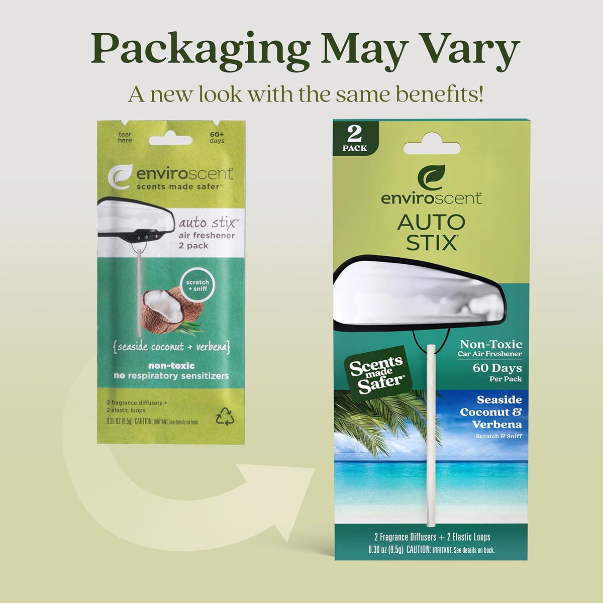 Enviroscent Non-Toxic Car Air Freshener (Seaside Coconut & Verbena) Natural Car Air Freshener | Essential Oil Diffuser | Car Scent Lasting Over 180 Days | 3 Packs of 2 Hanging Auto Stix