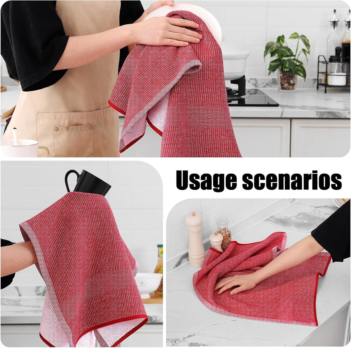 Homaxy Premium Kitchen Towels(18”x 28”, 6 Pack), Large Cotton Kitchen Hand Towels, Flat and Terry Dish Towels, 380 GSM Highly Absorbent Tea Towel Set with Hanging Loop, Red