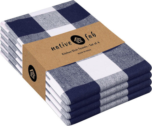 Native Fab 4-Pack Kitchen Towel with Hanging Loop 16x26 inches, Cotton Buffalo Check Kitchen Towels for Cleaning Drying, Washcloths Soft & Absorbent Cloth Rags, Bar Towel, Dish Cloth, Navy