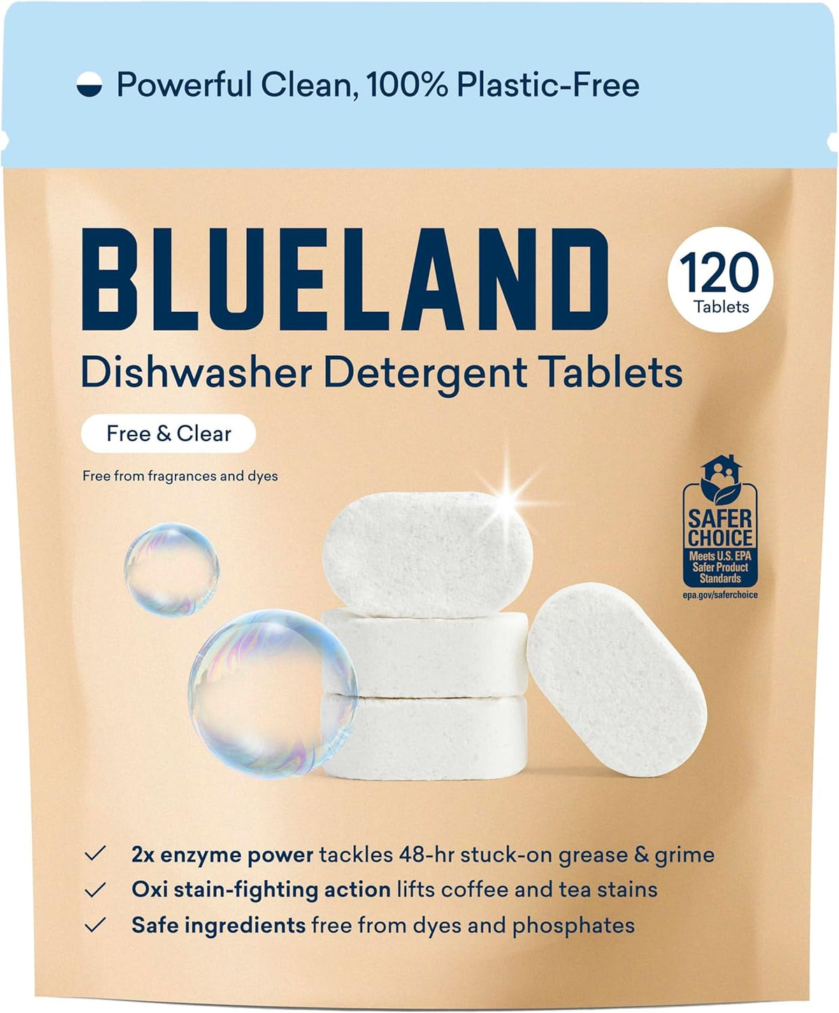 BLUELAND 100% Plastic-Free Dishwasher Detergent Tablets, 120 Count, Free & Clear, Eco-Friendly Dishwashing Pods, Natural, USDA Certified biobased