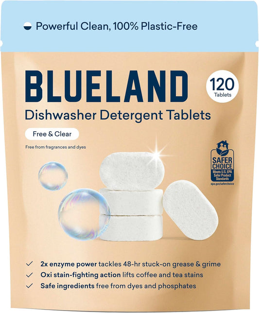 BLUELAND 100% Plastic-Free Dishwasher Detergent Tablets, 120 Count, Free & Clear, Eco-Friendly Dishwashing Pods, Natural, USDA Certified biobased