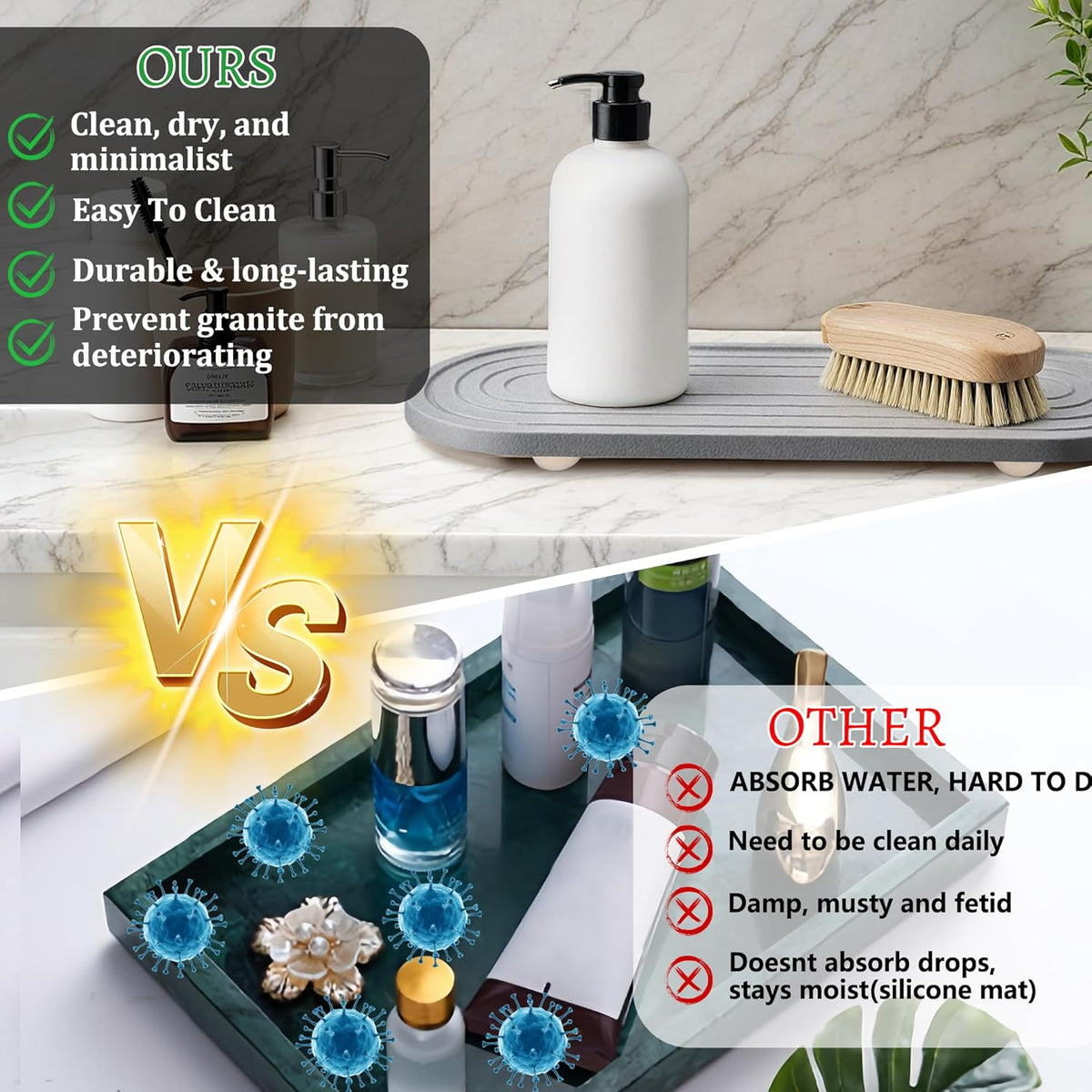 Instant Dry Sink Caddy Organizer, Fast Drying Sink Caddy, Water Absorbing Stone Sponge Holder for Kitchen and Bathroom Countertop with Natural Loofah and Wooden Feet