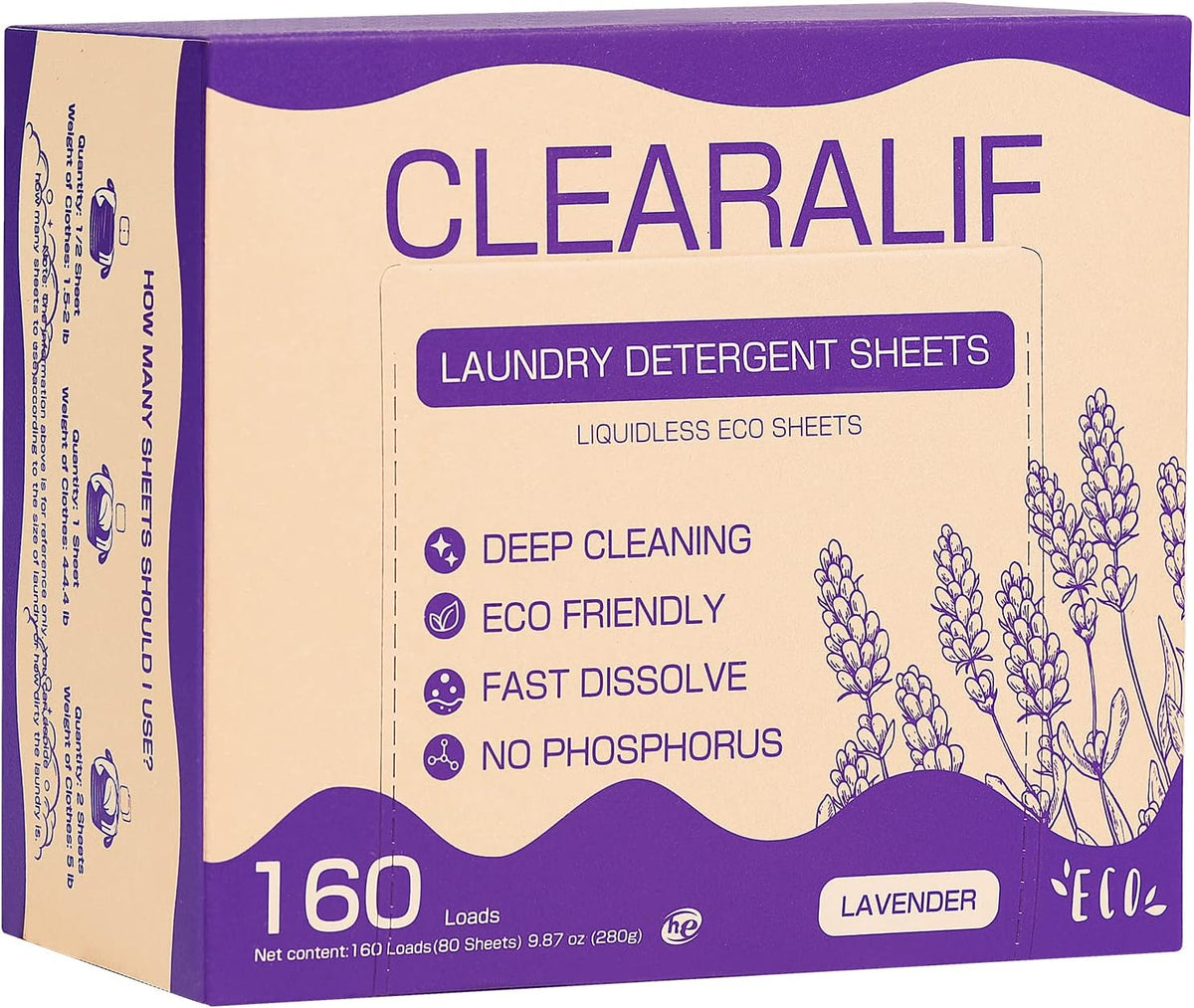 CLEARALIF Laundry Detergent Sheets 80 Sheets (Up to 160 Loads), Lavender - Great For Apartments, Dorms,Eco Friendly
