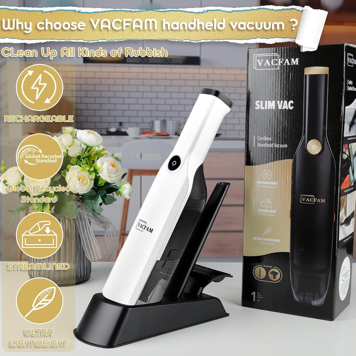 Handheld Vacuum Cordless,15KPA High Power Suction,USB Quick Charge,Car Vacuum Cleaner with Storage Dock,Lightweight Rechargeable Dust Buster with Crevice Tool Pet Brush Hand Vac for Home,White