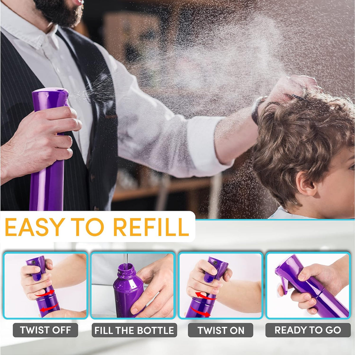 Hula Home Continuous Spray Bottle for Hair (10.1oz/300ml) Empty Ultra Fine Plastic Water Mist Sprayer – For Hairstyling, Cleaning, Salons, Plants, Essential Oil Scents & More - Purple