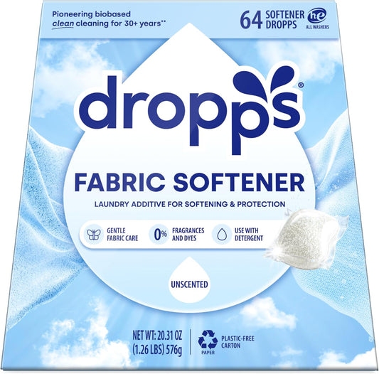 Dropps Laundry Fabric Softener Pods, Unscented (64 Count) - Fabric Softener Liquid Pods for Fluffy, Soft Fabrics - HE Compatible Mineral Based Ingredients Laundry Supplies