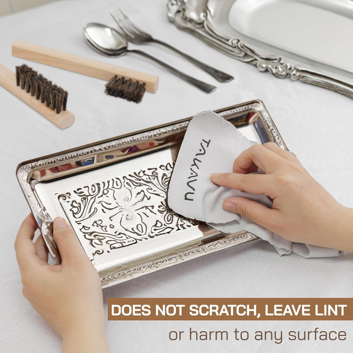 TAKAVU Horsehair Detail Brush Set, Silver Cleaning Brushes & Polish Cloth for Silverware Plateware Jewelry