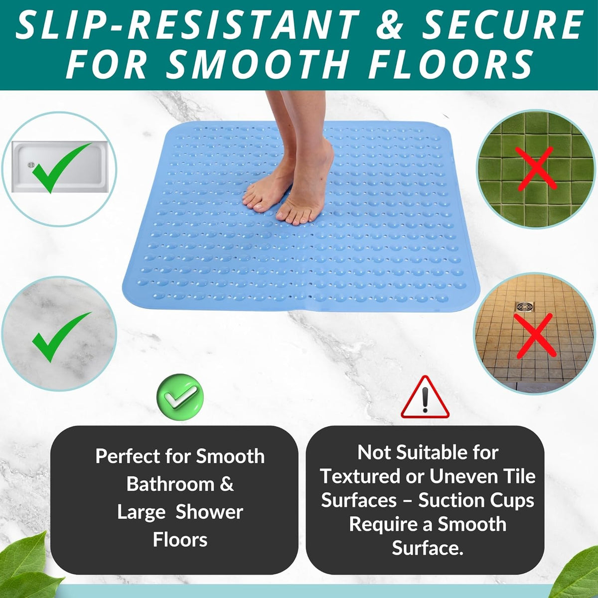 ENKOSI Extra Large Square Non Slip Shower Mat - 31 x 31-inch XL Bathroom Shower Mat - Square Shower Matts for Shower Stall Floors | Secure Suction Cups and Drain Holes (31x31 Aqua Blue)