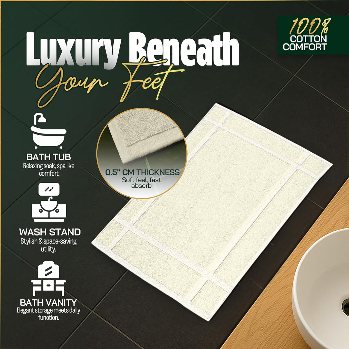 Pearl Linens Pack of 2 100% Cotton Bath Mat 18x25 inches, Soft & Absorbent Quick Dry Bathroom Mats Set, Not Bathroom Rugs, After Shower Mats, Bath Tub Mat, 687 GSM, Machine Washable, Ivory